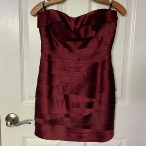 Bebe wine Satin strapless mini dress - burgundy, pleated, bandage. Sz small